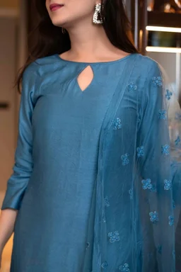 Pure Chiffon Petrol Color Plain Designer Kurta Set - XS