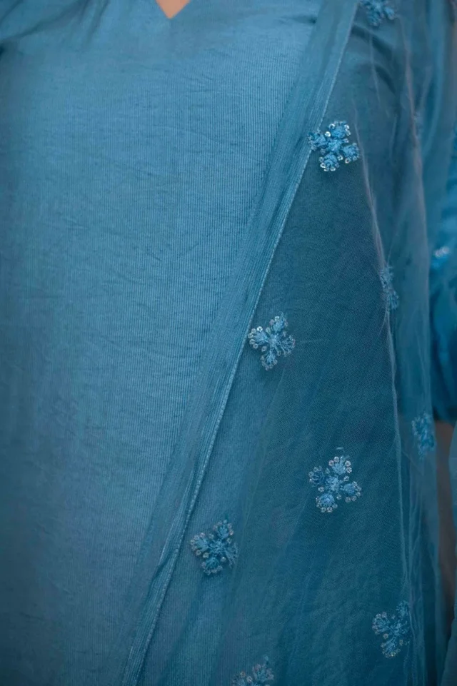 Pure Chiffon Petrol Color Plain Designer Kurta Set - S