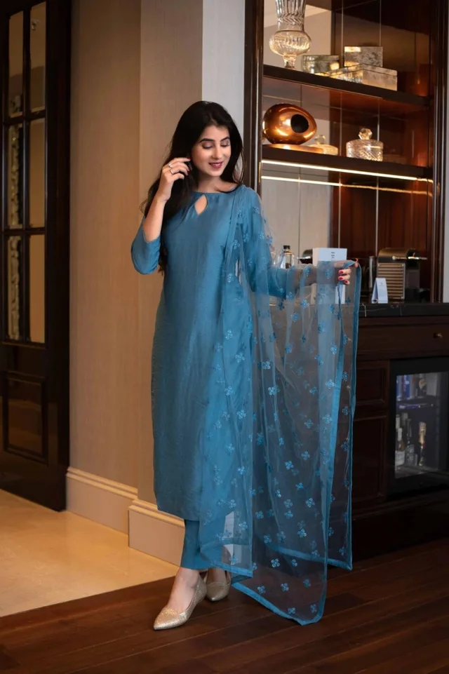 Pure Chiffon Petrol Color Plain Designer Kurta Set - M