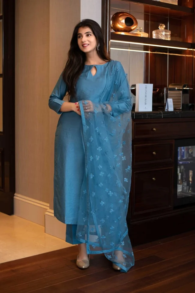 Pure Chiffon Petrol Color Plain Designer Kurta Set - 3XL
