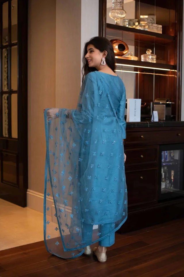 Pure Chiffon Petrol Color Plain Designer Kurta Set - 3XL