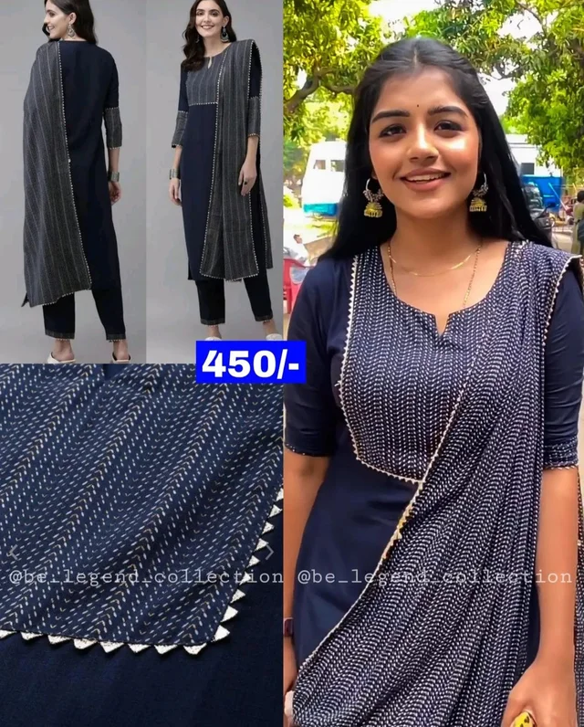 Daily wear Women Kurta sets with dupatta - L, Navy Blue