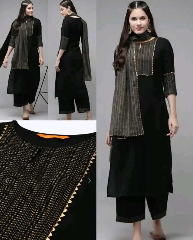 Daily wear Women Kurta sets with dupatta - XL, Black