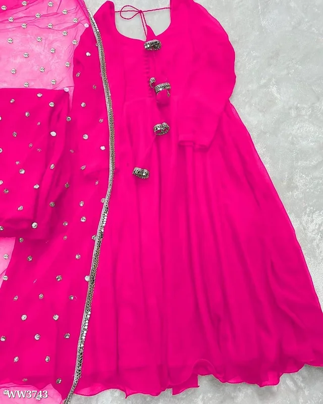 PARTYWEAR LOOK ANARKALI GOWN AND FANCY LACE WORK - M, Pink