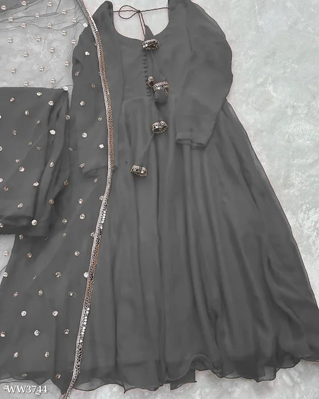 PARTYWEAR LOOK ANARKALI GOWN AND FANCY LACE WORK - L, Navy Blue