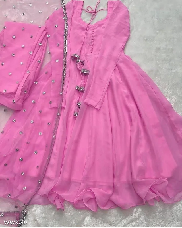 PARTYWEAR LOOK ANARKALI GOWN AND FANCY LACE WORK - Blush Pink, M