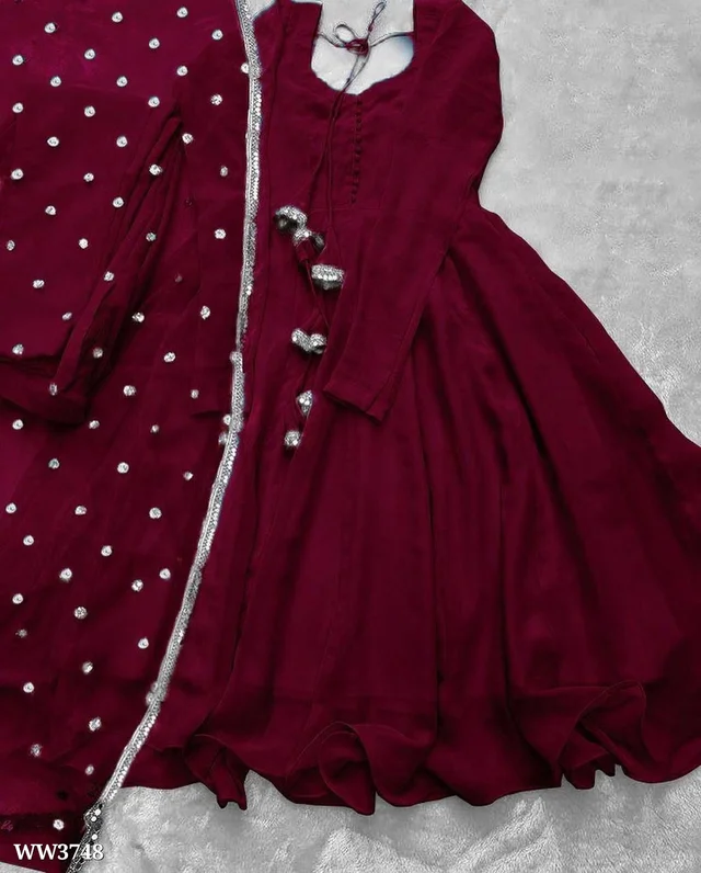 PARTYWEAR LOOK ANARKALI GOWN AND FANCY LACE WORK - Maroon, 2XL
