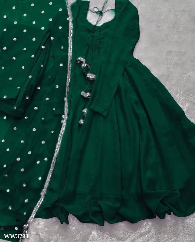 PARTYWEAR LOOK ANARKALI GOWN AND FANCY LACE WORK - Green, 2XL