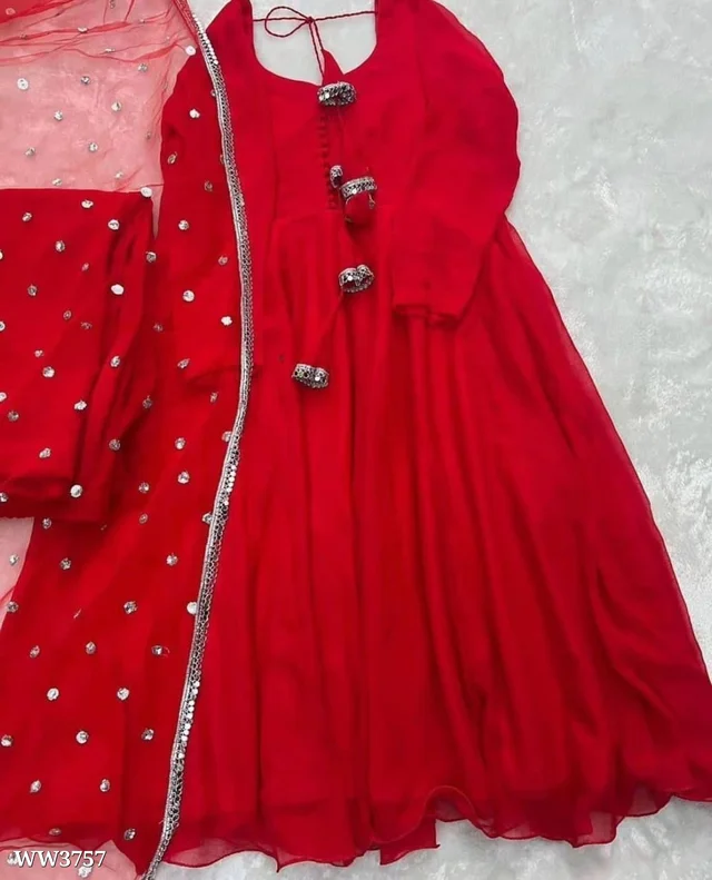 PARTYWEAR LOOK ANARKALI GOWN AND FANCY LACE WORK - Red, L