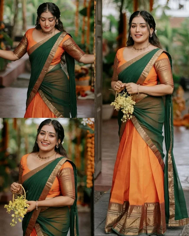 South Indian Traditional Half Saree - Neon Carrot, Free Size