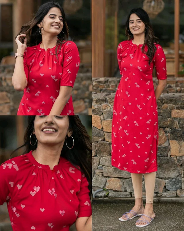 Stylish Trendy Floral Printed Beautiful Ethinic Kurti - Red, XL