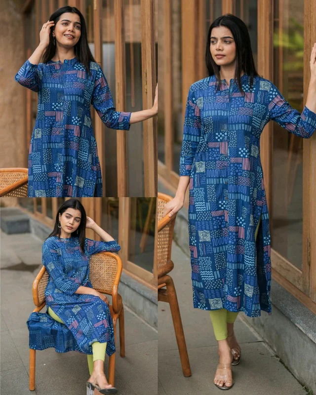 Stylish Trendy Floral Printed Beautiful Ethinic Kurti - Blue, M