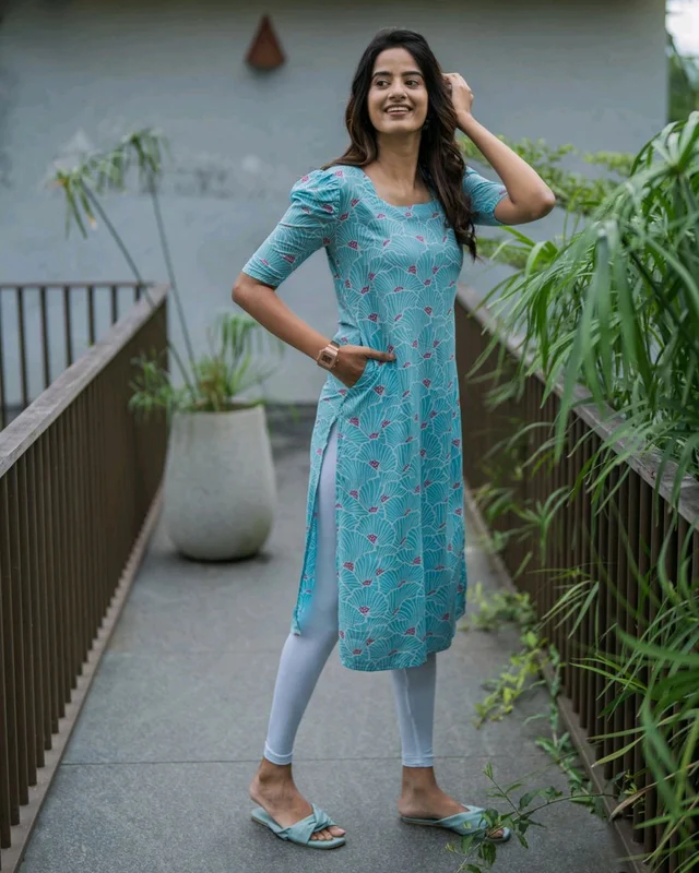 Stylish Trendy Floral Printed Beautiful Ethinic Kurti - Sky Blue, M