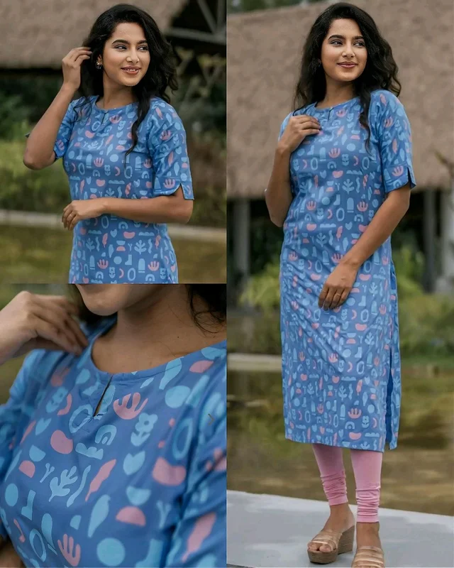 Stylish Trendy Floral Printed Beautiful Ethinic Kurti - Steel Blue, L