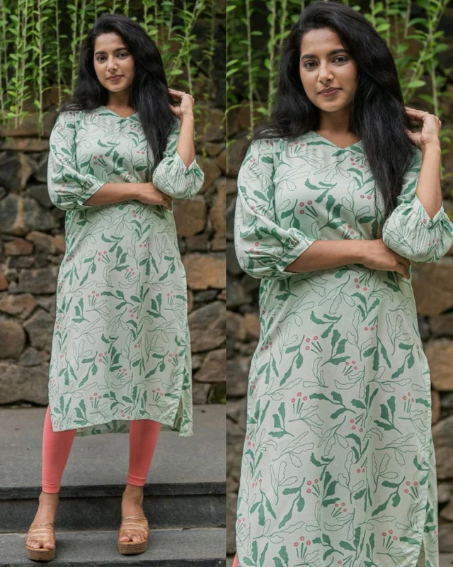 Stylish Trendy Floral Printed Beautiful Ethinic Kurti - Lite Green, M