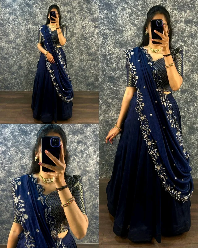 Super Trendy New Full Stitched Lehenga - Navy Blue, L