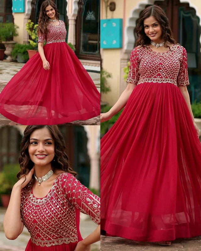 New Collections Party Wear Anarkali Gown Set For Women - Claret, M
