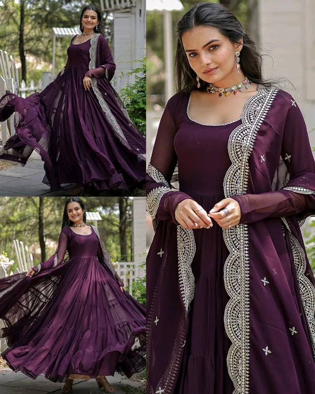 Beautiful Partywear Dress Designer Gown for Women - Purple, 2XL