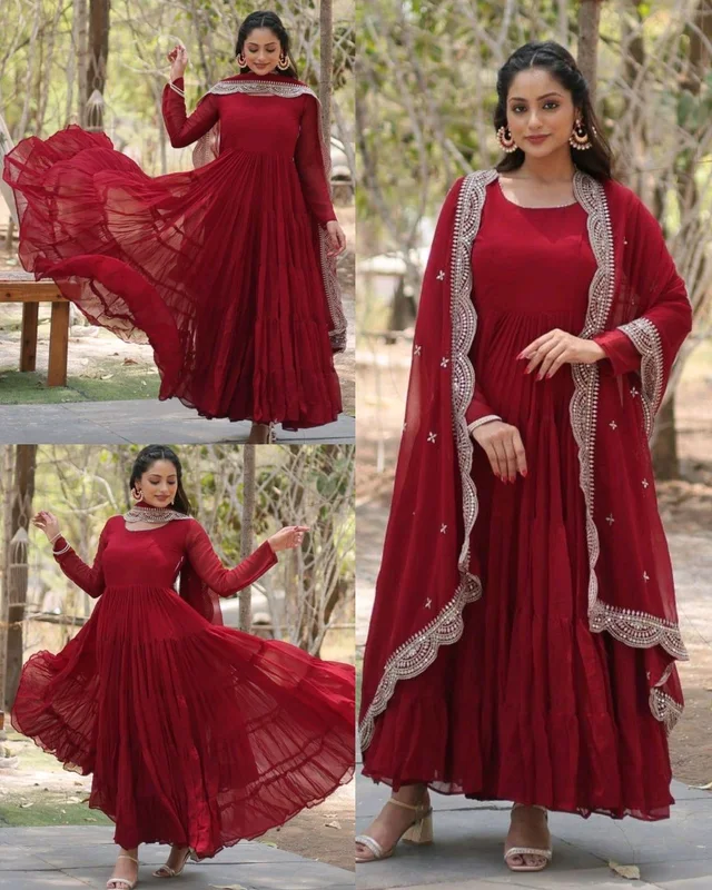 Beautiful Partywear Dress Designer Gown for Women - Maroon, 2XL