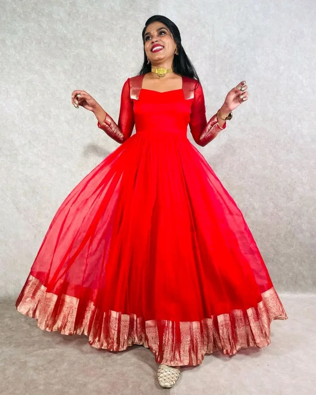 Attractive Chiffon Pattu With Dyeing Work Gown for Women - Red, 3XL