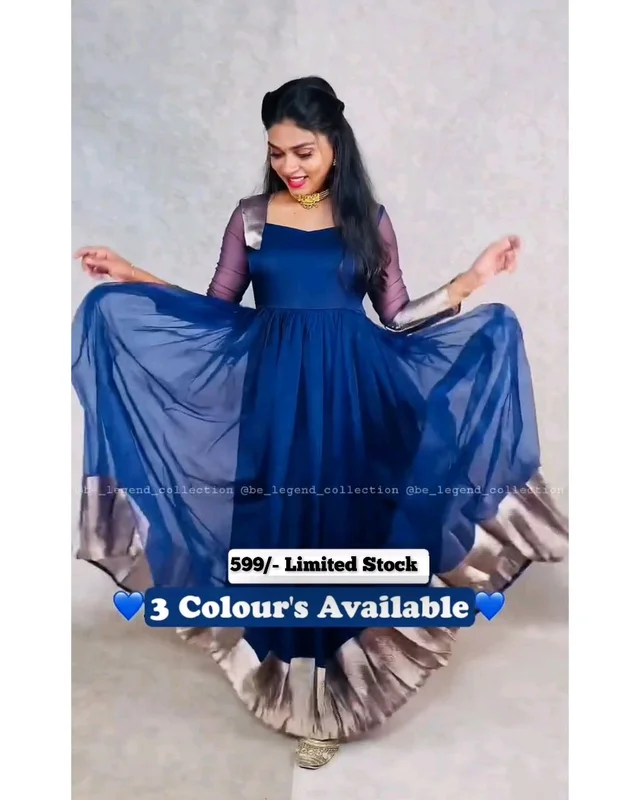 Attractive Chiffon Pattu With Dyeing Work Gown for Women - Blue, L