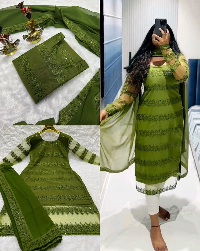 Trendy New Designer Sequins Embroidered Kurti And Duptta Set - Green, M