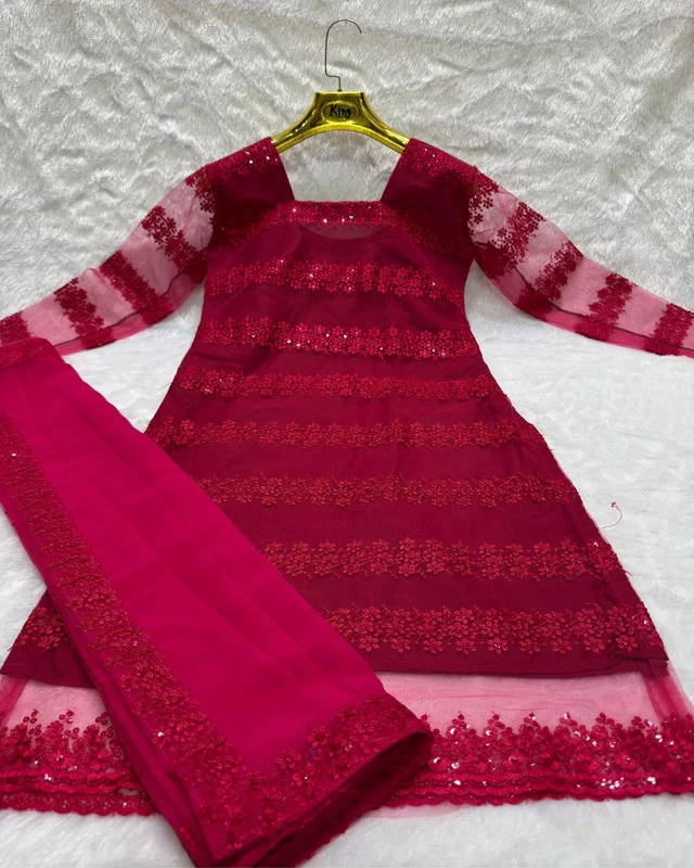 Trendy New Designer Sequins Embroidered Kurti And Duptta Set - Pink, XL