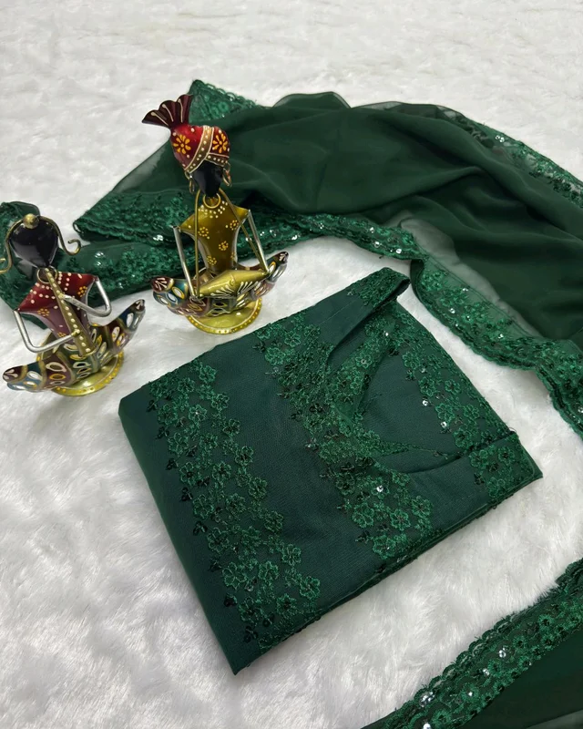 Trendy New Designer Sequins Embroidered Kurti And Duptta Set - Dark Green, L