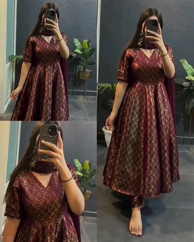 Beautiful Elegance Anarkali Style Soft Silk Gown With Pant & Duppata. - 2XL