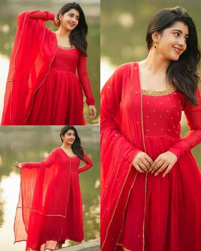 Trendy Designer Hand Zardoshi Work Gown With Cut Work Duppata. - Red, L