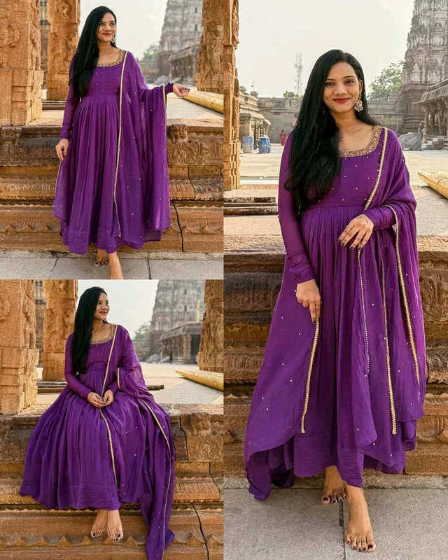 Trendy Designer Hand Zardoshi Work Gown With Cut Work Duppata. - Purple, XL