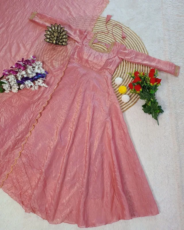 Beautiful Designer Hand Zardoshi Work Gown With Cut Work Duppata - M, Peach
