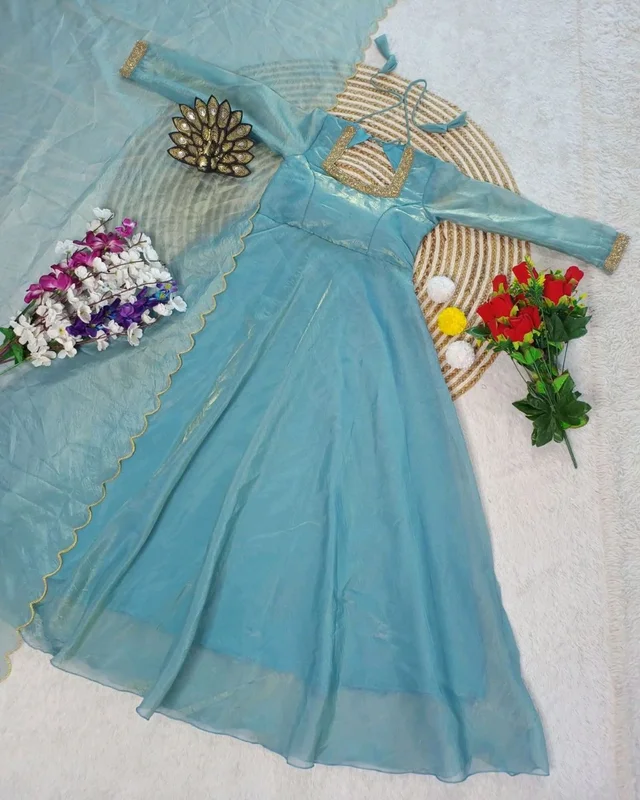 Beautiful Designer Hand Zardoshi Work Gown With Cut Work Duppata - M, Sky Blue