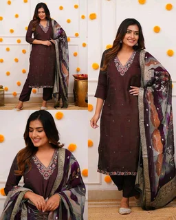 Embroidered Regular Kurta With Trousers & Jacquard Organza Printed Dupatta set - Brown, S