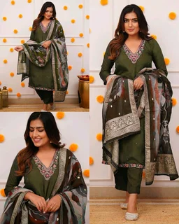 Embroidered Regular Kurta With Trousers & Jacquard Organza Printed Dupatta set - Brown, S