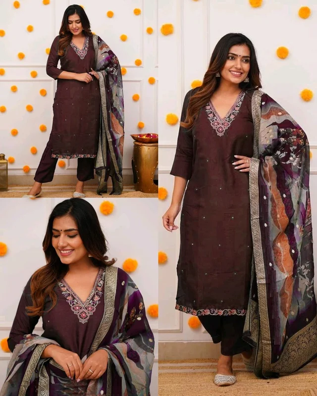 Embroidered Regular Kurta With Trousers & Jacquard Organza Printed Dupatta set - Brown, 2XL