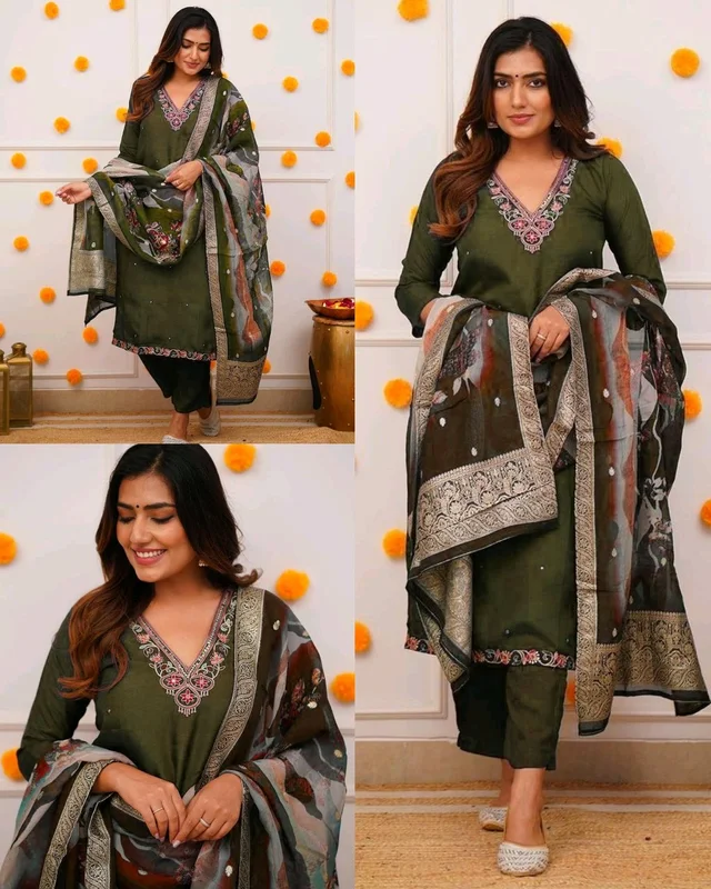Embroidered Regular Kurta With Trousers & Jacquard Organza Printed Dupatta set - Green, XL