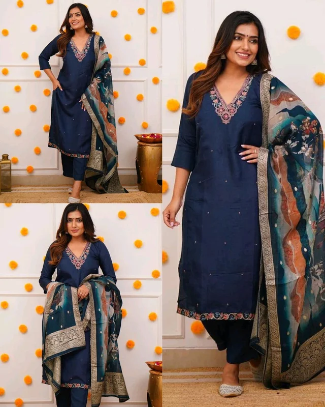 Embroidered Regular Kurta With Trousers & Jacquard Organza Printed Dupatta set - Navy Blue, S