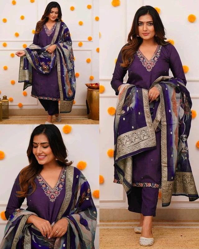 Embroidered Regular Kurta With Trousers & Jacquard Organza Printed Dupatta set - Cherry Pie, L