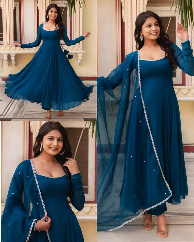 Stylish Anarkali Gown With Pant and Dupatta Ready To Wear 3 Pis Suit Set - Teal, M