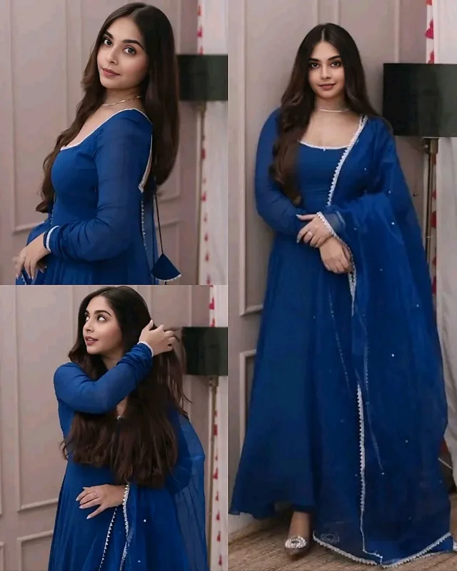 Stylish Anarkali Gown With Pant and Dupatta Ready To Wear 3 Pis Suit Set - Blue, M
