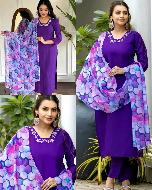 New Classy & latest Design Sequence Embroidery Thread Work Printed Traditional & Festive Wear Kurta, Bottom With Printed Latkan Dupatta Set - XL