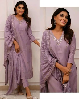 Women Embroidered Chanderi SILK KURTA SET - Purple, S