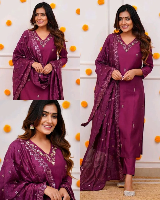 Women Embroidered Chanderi SILK KURTA SET - Purple, 2XL
