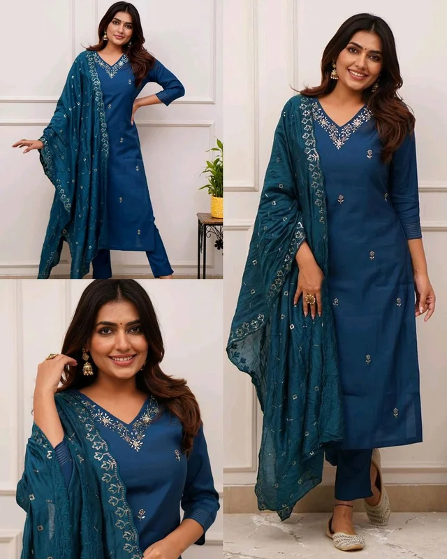 Women Embroidered Chanderi SILK KURTA SET - Teal, L