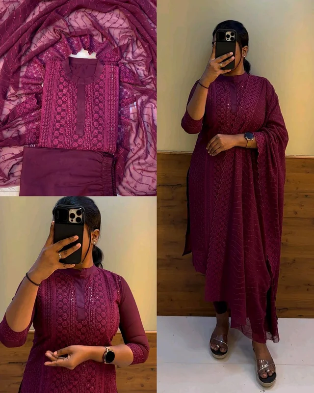 Fully stitched chikankari set - Wine, M
