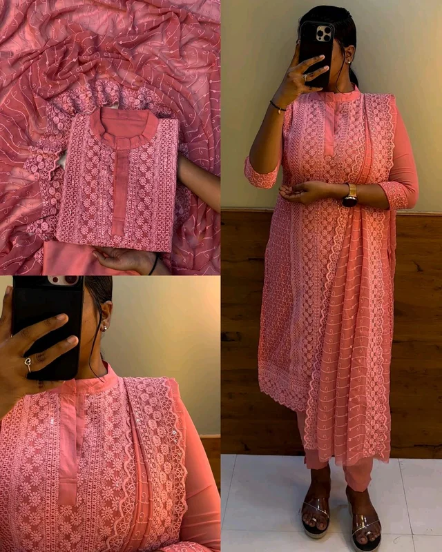 Fully stitched chikankari set - Pink, XL