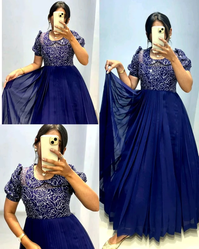Deep purple! Grab this deep purple dress with detailed pleating and beautiful rose embroidered with silver sequnace!!and designed with baby coller!! - 2XL
