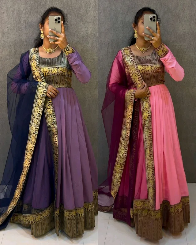 Premium blooming vichitra Silk with kanchi zari border outfit - Purple, L