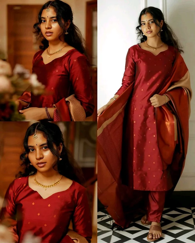 Women Woven Design Jacquard Kurta Bottom Set With Dupatta - Maroon, M